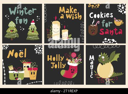 Set Christmas greeting cards with happy trees, gift boxes, candles and baby dragon.  Stock Vector