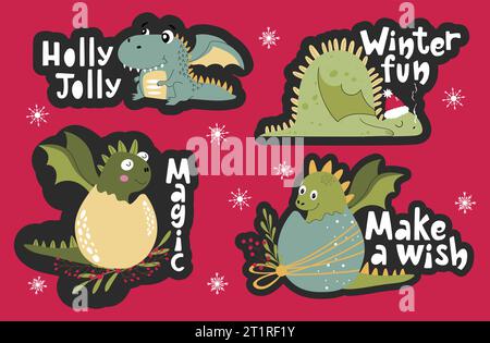 Christmas sticker set with four hand drawn cute dragons and short Christmas phrases.  Stock Vector