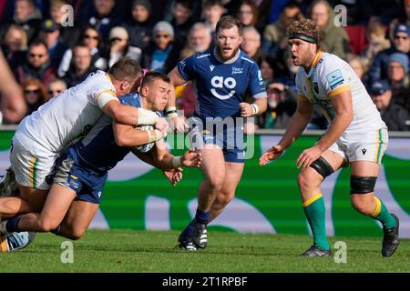 Eccles, UK. 15th Oct, 2023. Joe Carpenter #15 of Sale Sharks is tackled during the Gallagher Premiership match Sale Sharks vs Northampton Saints at AJ Bell Stadium, Eccles, United Kingdom, 15th October 2023 (Photo by Steve Flynn/News Images) in Eccles, United Kingdom on 10/15/2023. (Photo by Steve Flynn/News Images/Sipa USA) Credit: Sipa USA/Alamy Live News Stock Photo