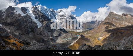 54MP Panoramic photo of Himalaya valley with glacier lakes and snowy summits covered in white clouds. Mera peak climbing route near the Khare settleme Stock Photo
