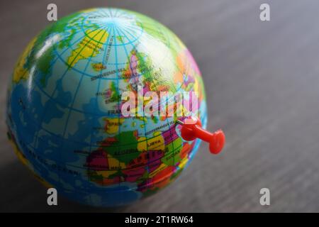 Close up image of push pin pointing at Gaza, Palestine on world globe. Copy space for text Stock Photo