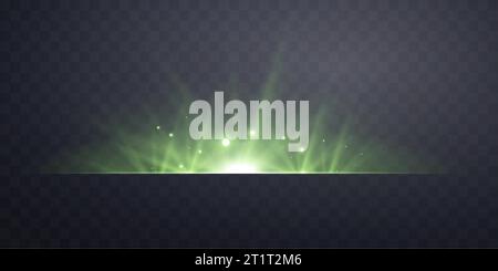 Green horizontal lensflare. Light flash with rays or green spotlight. Glow flare light effect. Vector illustration. Isolated on dark transparent backg Stock Vector