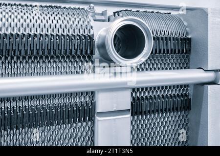 Industrial equipment for the production of dairy foods, radiator for cooling hot milk Stock Photo