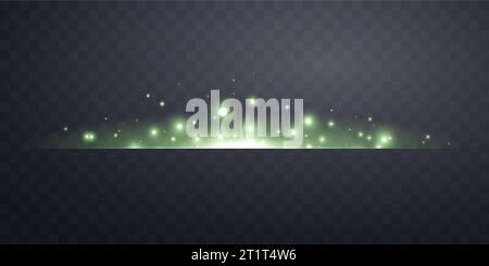 Green horizontal lensflare. Light flash with rays or green spotlight. Glow flare light effect. Vector illustration. Isolated on dark transparent backg Stock Vector