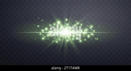 Green horizontal lensflare. Light flash with rays or green spotlight. Glow flare light effect. Vector illustration. Isolated on dark transparent backg Stock Vector