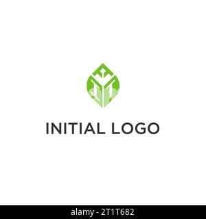 IT monogram with leaf logo design ideas, creative initial letter logo with natural green leaves vector graphic Stock Vector