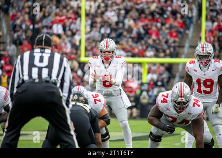 West Lafayette, Indiana, USA. 14th October, 2023. Kyle McCord (6). Ohio State University football defeats Purdue University 41-7 at Ross-Ade Stadium. (Kindell Buchanan/Alamy Live News) Stock Photo