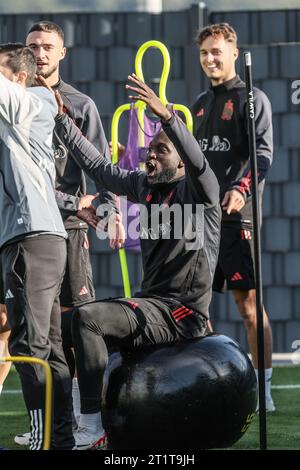 Tubize, Belgium. 15th Oct, 2023. Belgium's Romelu Lukaku and Belgium's Zinho Vanheusden pictured during a training session of the Belgian national soccer team Red Devils, at the Royal Belgian Football Association's training center, in Tubize, Sunday 15 October 2023. The Red Devils are playing against Sweden on Monday, match 7/8 in Group F of the Euro 2024 qualifications. BELGA PHOTO BRUNO FAHY Credit: Belga News Agency/Alamy Live News Stock Photo