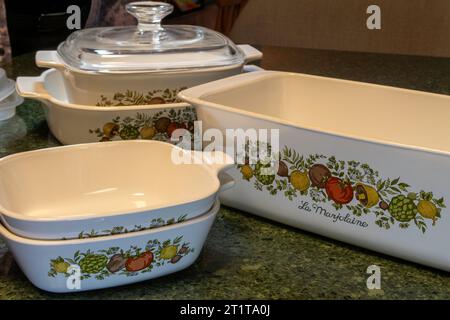 Close up of vintage corning ware pans, 2023, USA Stock Photo