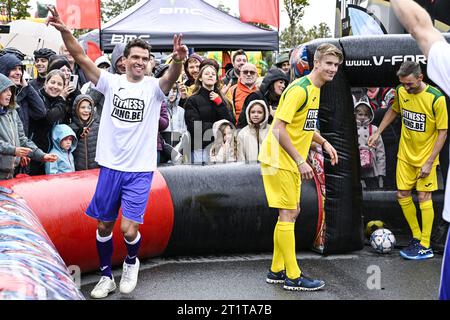 Retiring cyclist Greg Van Avermaet plays a game of football at a farewell event 'Goodbye Greg' for cyclist Van Avermaet, in Dendermonde. Van Avermaet says goodbye to the cycling peloton. After seventeen professional seasons with 42 victories, including Paris-Roubaix and the 2016 Olympic road race in Rio, he is officially hanging up his bike. To say goodbye in an appropriate manner, he organizes a cycling and football festival in his home town of Dendermonde. In the morning there is a Fan Ride and in the afternoon there is a Fan Zone and free festival. BELGA PHOTO TOM GOYVAERTS Stock Photo