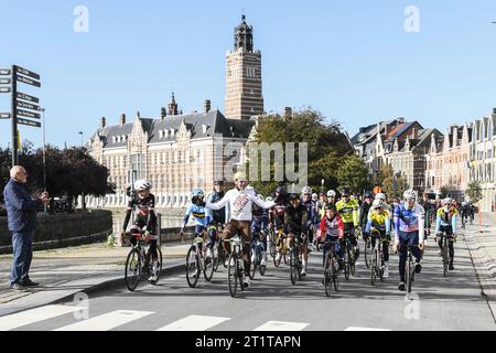 Retiring cyclist Greg Van Avermaet celebrates for the last time during a ride with fans at a farewell event 'Goodbye Greg' for cyclist Van Avermaet, in Dendermonde. Van Avermaet says goodbye to the cycling peloton. After seventeen professional seasons with 42 victories, including Paris-Roubaix and the 2016 Olympic road race in Rio, he is officially hanging up his bike. To say goodbye in an appropriate manner, he organizes a cycling and football festival in his home town of Dendermonde. In the morning there is a Fan Ride and in the afternoon there is a Fan Zone and free festival. BELGA PHOTO TO Stock Photo