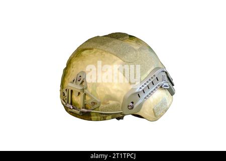 The army shop displays the khaki-colored helmet that comes with the soldier's military uniform, isolated on white background. Stock Photo