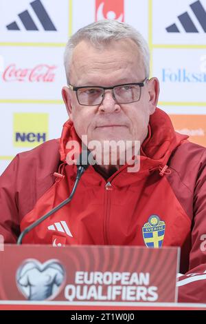 Brussels, Belgium. 15th Oct, 2023. Sweden's head coach Janne Andersson pictured during a press conference of the Swedish national soccer team, at the King Baudouin stadium (Stade Roi Baudouin - Koning Boudewijn stadion), Sunday 15 October 2023. The Belgian national soccer team Red Devils are playing against Sweden on Monday, match 7/8 in Group F of the Euro 2024 qualifications. BELGA PHOTO BRUNO FAHY Credit: Belga News Agency/Alamy Live News Stock Photo