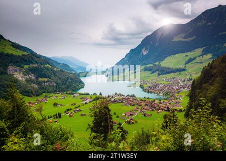 Fine view aerial on the resort town Lungern. Popular tourist attraction. Dramatic and picturesque scene. Location place Swiss Alps, canton of Obwalden Stock Photo