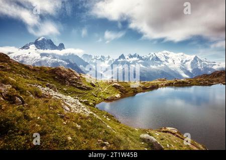 Views of the Mont Blanc glacier with Lac Blanc. Popular tourist attraction. Picturesque and gorgeous scene. Location place Nature Reserve Aiguilles Ro Stock Photo