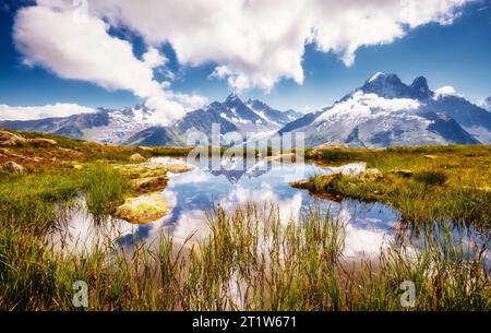 Views of the Mont Blanc glacier with Lac Blanc. Popular tourist attraction. Picturesque and gorgeous scene. Location place Nature Reserve Aiguilles Ro Stock Photo