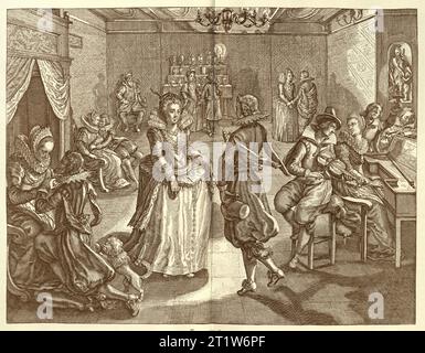 People dancing to music, Romance, Flirting, Social history, after 17th Century French engraving Stock Photo