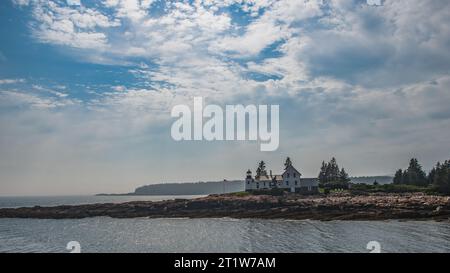 Winter Harbor Light on Mark Island from boat on Frenchman Bay. Stock Photo