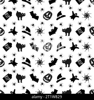 Seamless background with bat and gravestone, witch hats and cat, spider and cobweb, pumpkins. Flat style. Black color. Halloween. October. Seamless pa Stock Vector