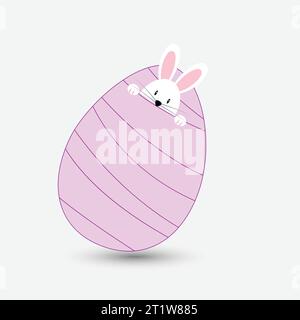 Cute bunny with head and paws getting out from an easter egg wrapped in a pink ribbon Stock Vector