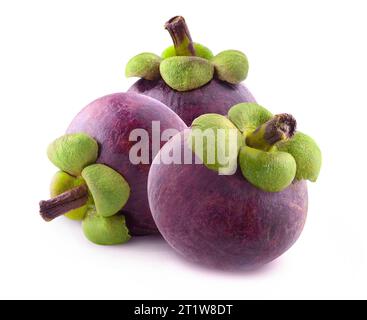 Three fresh mangosteen, isolated on white background Stock Photo