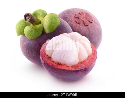 Cut mangosteen fruits, isolated on white background Stock Photo