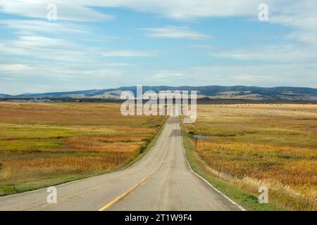 Autumn landscape and two-lane blacktop US Highway 12 near Two Dot, MT in Wheatland County, Montana, USA Stock Photo