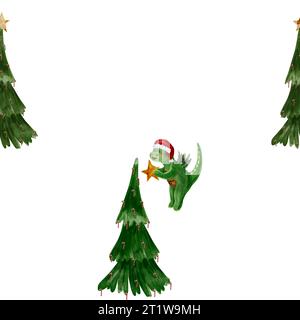 Watercolor pattern cute flying dragon with garland wearing Santa hat decorating Christmas tree with garland. symbol of the year on a 2024. Hand drawn Stock Photo