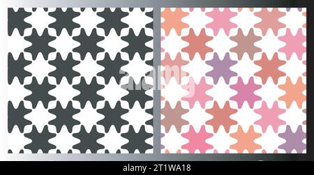 Checkered geometric grid seamless patterns, set of 2. Monochrome black, white background, pink lilac orange colour palette template. Trendy print for Stock Vector