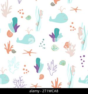colorful seashells and seahorses seamless pattern without background Stock Vector