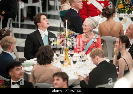 Prince Christian and Queen Margrethe during Prince Christian's 18th birthday, which is celebrated with a gala dinner at Christiansborg Castle in Copenhagen, Sunday 15 October 2023. (Photo: Mads Claus Rasmussen/Scanpix 2023) Stock Photo