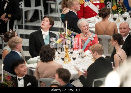 Prince Christian and Queen Margrethe during Prince Christian's 18th birthday, which is celebrated with a gala dinner at Christiansborg Castle in Copenhagen, Sunday 15 October 2023. (Photo: Mads Claus Rasmussen/Scanpix 2023) Stock Photo