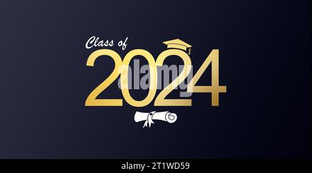 Congratulations on your graduation from school. Class of 2024. Congrats Graduates cap, confetti and balloons. Congratulatory banner. Academy. Stock Photo