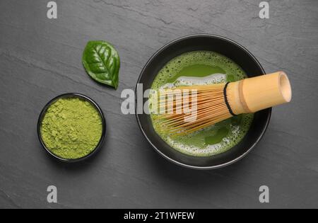 Flat lay composition with matcha tea on gray table Stock Photo