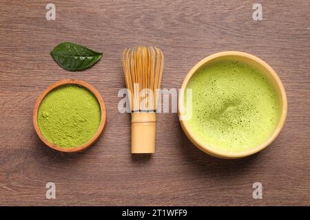 Flat lay composition with matcha tea on wooden table Stock Photo