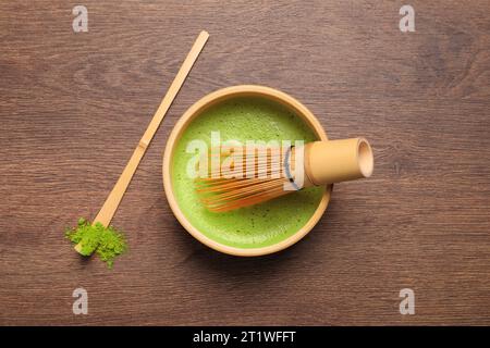Flat lay composition with matcha tea on wooden table Stock Photo