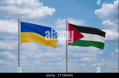 Palestine and Gaza Strip and Ukraine flags waving together on blue cloudy sky Stock Photo