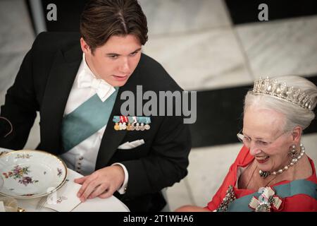 Prince Christian and Queen Margrethe during Prince Christian's 18th birthday, which is celebrated with a gala dinner at Christiansborg Castle in Copenhagen, Sunday 15 October 2023.. (Photo: Mads Claus Rasmussen/Ritzau Scanpix) Stock Photo