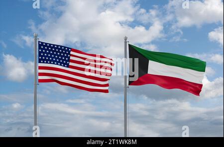 USA and Kuwait flags waving together in the wind on blue cloudy sky ...