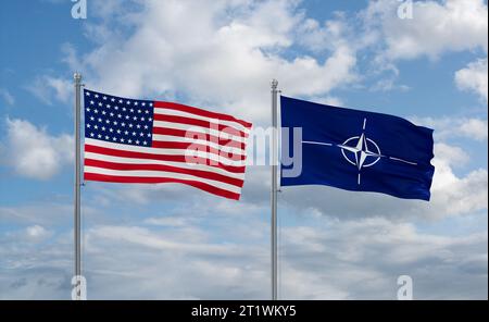 NATO and USA flags waving together on blue cloudy sky, cooperation concept Stock Photo