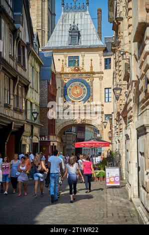 Street of the Gros Horloge in Rouen, France. View on the Grand Clock on the tower over an arched passage Stock Photo