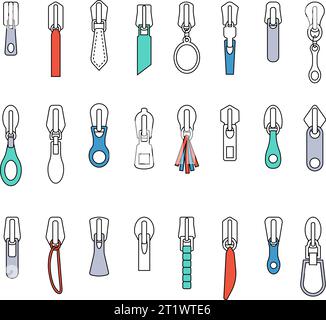 Flat isolated zipper pullers. Various puller for zippers, tailor equipment. Pulls for bag, jeans, jacket and clothes, decent vector clipart Stock Vector