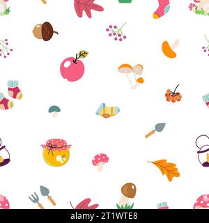 Cozy scandinavian elements seamless pattern. Forest plants, cartoon mushrooms, apple and jam jar. Decorative nature vector fabric print template Stock Vector