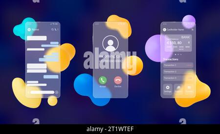 Matt screen phone mockup. Glassmorphism style screens and abstract 3d shapes. Blurred plastic elements. Smartphone chat or call, online bank pithy Stock Vector