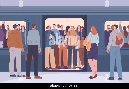 People crowd in subway train. Public transportation peak hours, passengers on metro platform and in railway overcrowded carriage kicky vector scene Stock Vector