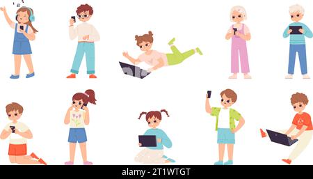 Kids with gadgets, playing and studying. Cartoon children using tablets, smartphones and laptops. Child digital addiction, snugly vector characters Stock Vector