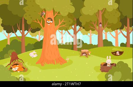 Forest meadow with animal in holes. Woodland animals in burrows sleep and eat. Cute squirrel and woodpecker, sleeping fox, nowaday vector landscape Stock Vector
