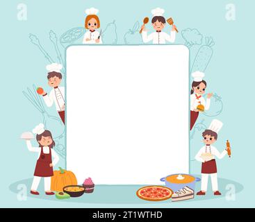Kids cooking fun banner. Children in chef uniform, food prepare workshop empty poster or diploma. Little professional chefs snugly vector background Stock Vector