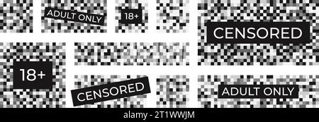 Censored elements different design. Pixel blurred squares, censor symbols. Pixelation censorship bars, flat adults content closed racy vector set Stock Vector