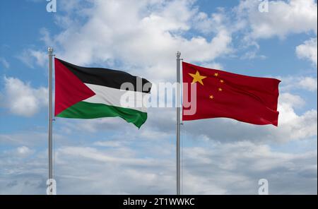 China and Palestine and Gaza Strip flags waving together on blue cloudy sky, two country relationship concept Stock Photo